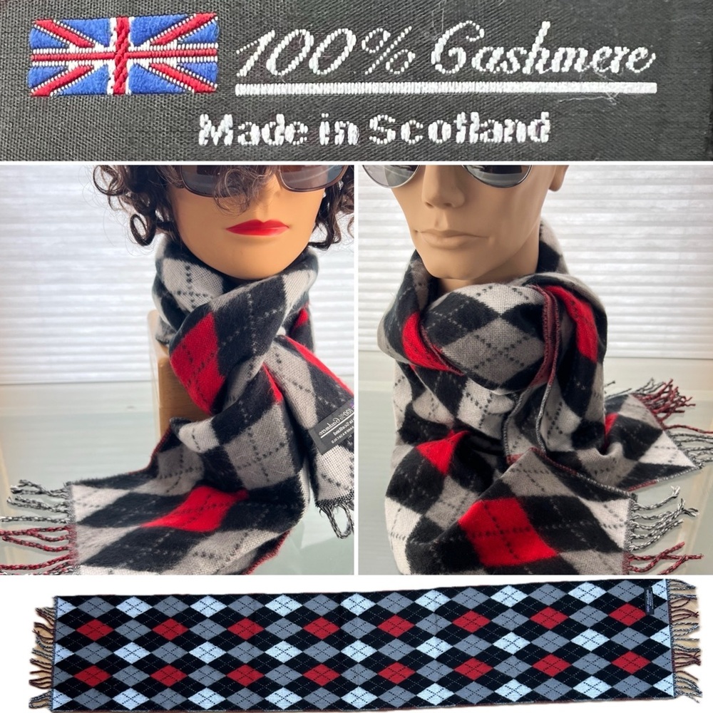 🇬🇧Argyle Cashmere Scarf in Red, Black, White & Gray by Made in Scotland